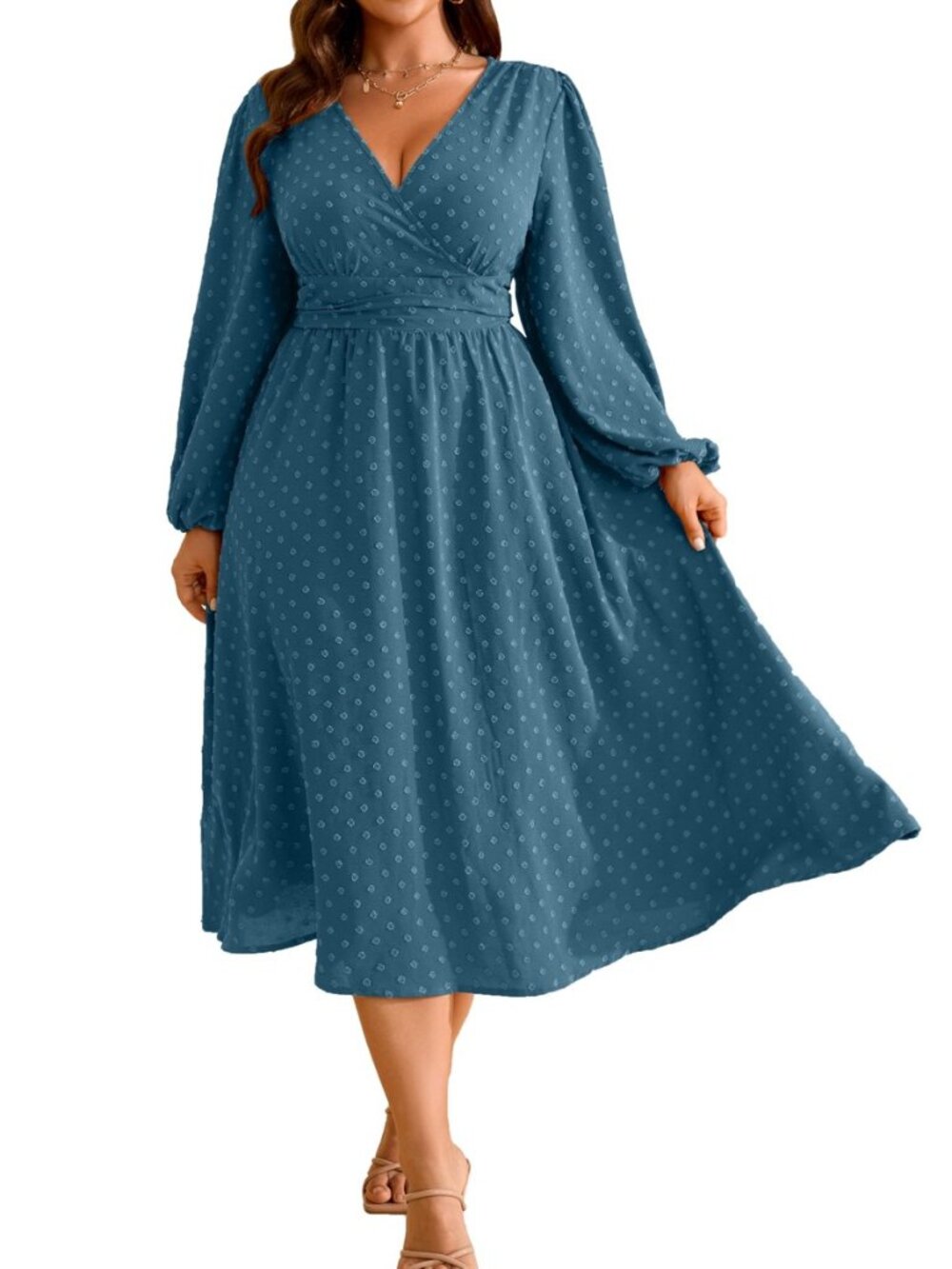 Women's Plus Size Fall Wedding Guest Dress V Neck Swiss Dot Long Sleeve